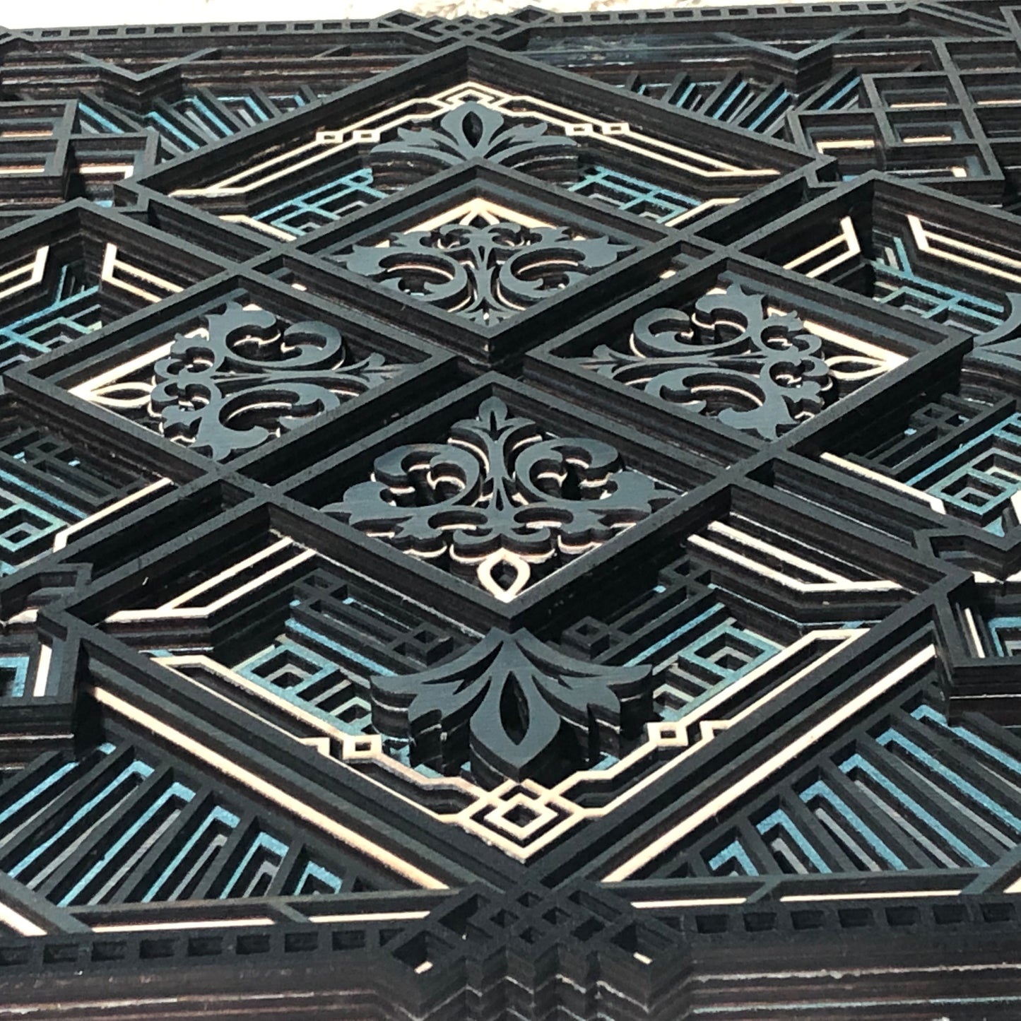 Wood Blue and Black Square Mandala
