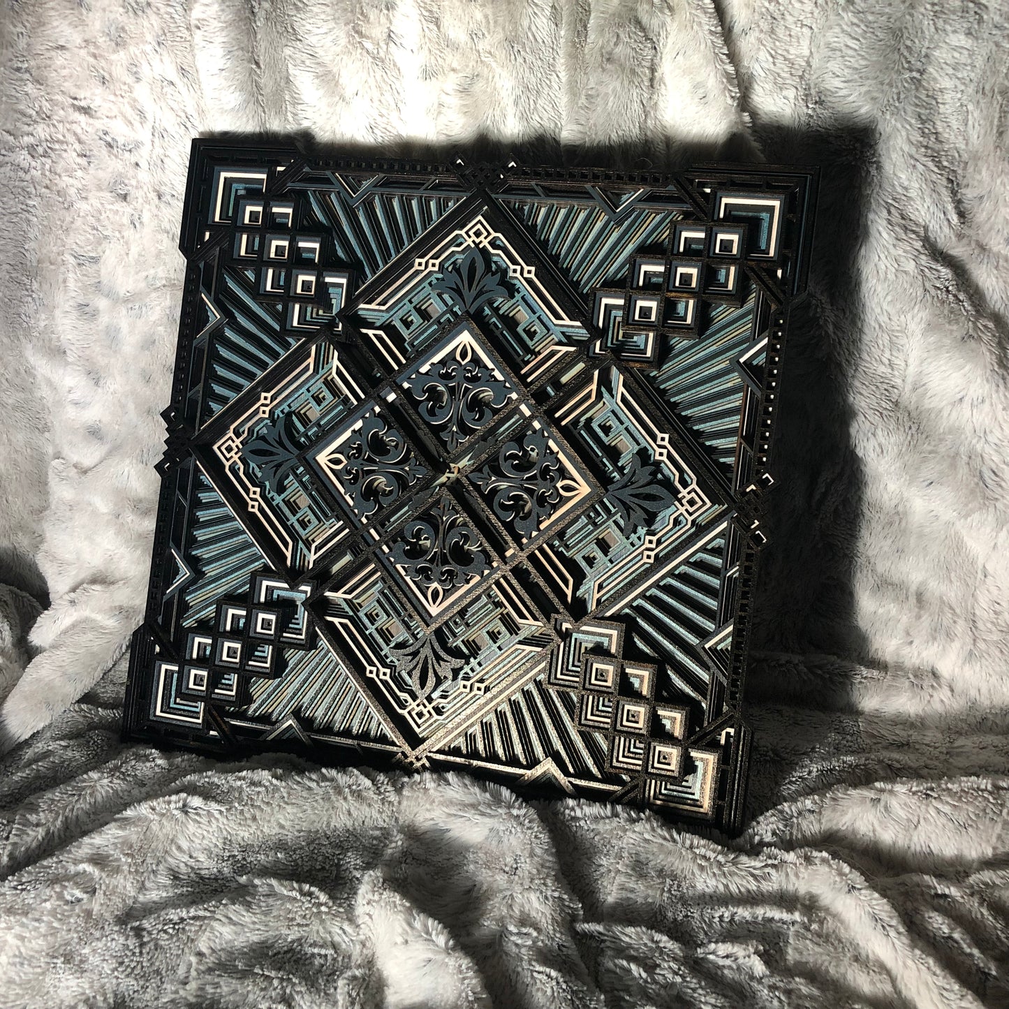 Wood Blue and Black Square Mandala